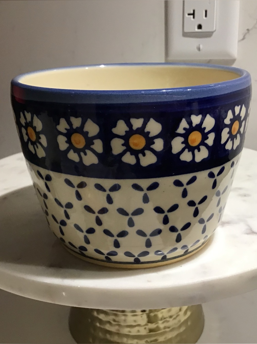 Hand-Painted Blue and Cream Floral Ceramic Planter